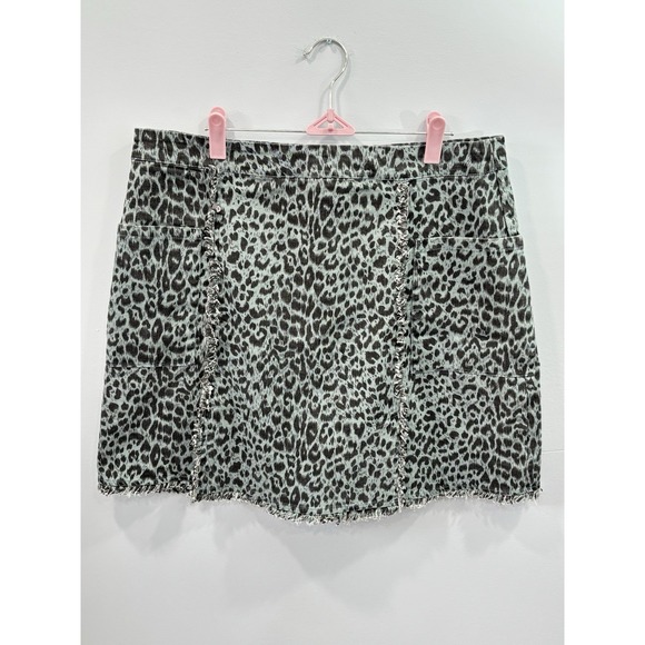 Umgee Women's Teal Leopard Print Distressed Denim Mini Skirt Size XL - Picture 1 of 9